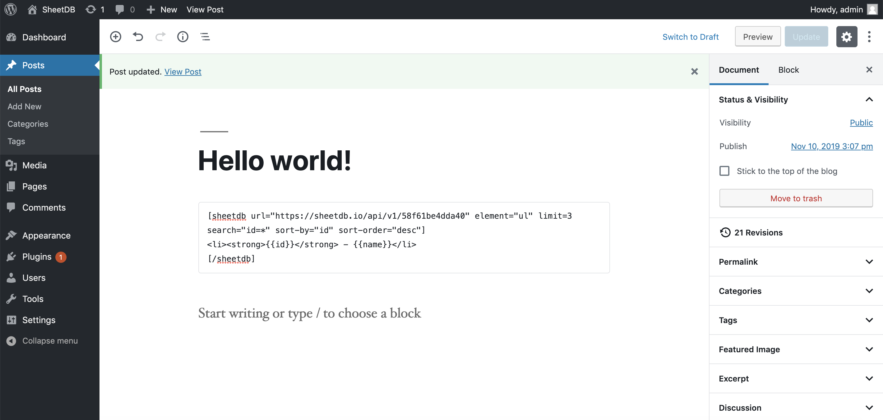 Use SheetDB shortcode