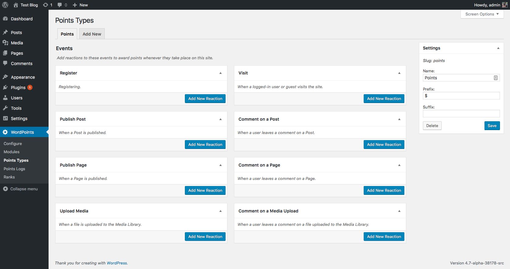 The Points Types administration screen. This is where you create your points
types and configure when points are awarded in reaction to various events.