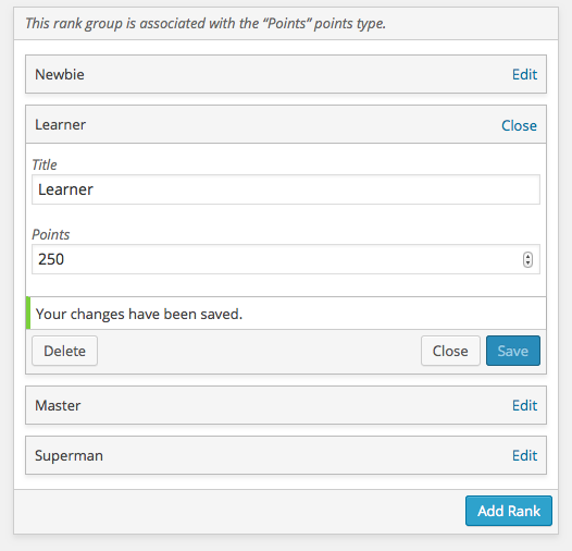 A rank group on the Ranks administration screen. This is where you create and
manage the ranks used on your site.