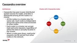 4
Architecture
• Cassandra has peer-to-peer distributed
system across its nodes, and data is
distributed among all the node