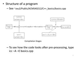 • Structure of a program
– See ~zxu2/Public/ACMS40212/C++_basics/basics.cpp
– To see how the code looks after pre-processing,