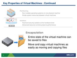 10
VMware
Key Properties of Virtual Machines : Continued
Partitioning
Run multiple operating systems on one physical machine