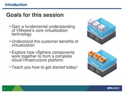 2
Introduction
Goals for this session
• Gain a fundamental understanding
of VMware’s core virtualization
technology
• Under
