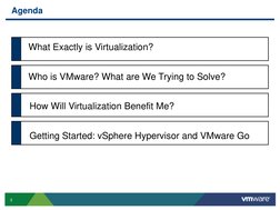 3
Agenda
What Exactly is Virtualization?
How Will Virtualization Benefit Me?
Getting Started: vSphere Hypervisor and VMware G