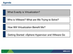 4
Agenda
What Exactly is Virtualization?
How Will Virtualization Benefit Me?
Getting Started: vSphere Hypervisor and VMware G