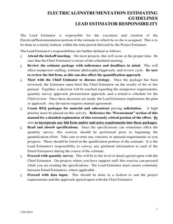 ELECTRICAL/INSTRUMENTATION ESTIMATING
GUIDELINES
LEAD ESTIMATOR RESPONSIBILITY
1
1502-0019
The
Lead
Estimator
is
responsi