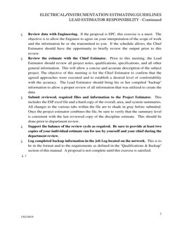 ELECTRICAL/INSTRUMENTATION ESTIMATING GUIDELINES
LEAD ESTIMATOR RESPONSIBILITY - Continued
2
1502-0019
ς
Review data with Eng
