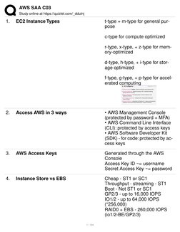 AWS SAA C03
Study online at https://quizlet.com/_ddulnj
1.
EC2 Instance Types
t-type + m-type for general pur-
pose
c-type fo
