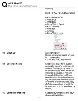AWS SAA C03
Study online at https://quizlet.com/_ddulnj
matically
SOC, HIPAA, PCI, ISO compliant
o AWS DynamoDB
o AWS SQS
o