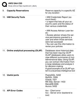 AWS SAA C03
Study online at https://quizlet.com/_ddulnj
9.
Capacity Reservations
Reserve capacity in a specific AZ
for any d