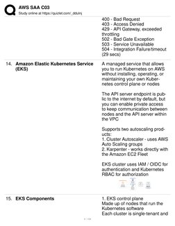 AWS SAA C03
Study online at https://quizlet.com/_ddulnj
400 - Bad Request
403 - Access Denied
429 - API Gateway, exceeded
th