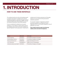 Workplace First Aid 3
1. INTRODUCTION
HOW TO USE THESE MATERIALS
This workbook describes the skills and knowledge req