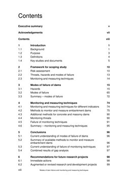 viii
Modes of dam failure and monitoring and measuring techniques
Contents
Executive summary
v
Acknowledgements
vii