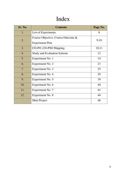 7
Index
Sr. No.
Contents
Page No.
1.
List of Experiments
8
2.
Course Objective, Course Outcome &
Experiment Plan
