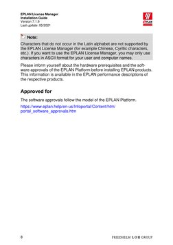 EPLAN License Manager
Installation Guide
Version 7.1.9
Last update: 05/2021
8
Note:
Characters that do not oc