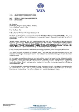 Private and Confidential
TCSL/1911428
1
Offer
: BUSINESS PROCESS SERVICES
Ref
: TCSL/1911428/Chennai/BPS/BSPA
Date
: 19-Jul-2