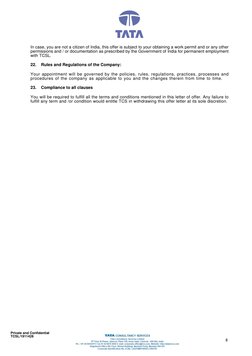 Private and Confidential
TCSL/1911428
8
In case, you are not a citizen of India, this offer is subject to your obtaining a wo