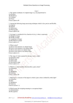 Multiple Choice Questions on Image Processing
2 | P a g e University Academy www.universityacademy.in , info@un