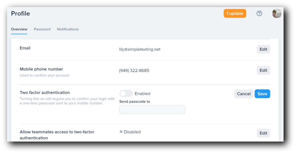 The first step in SimpleTexting's 2FA process