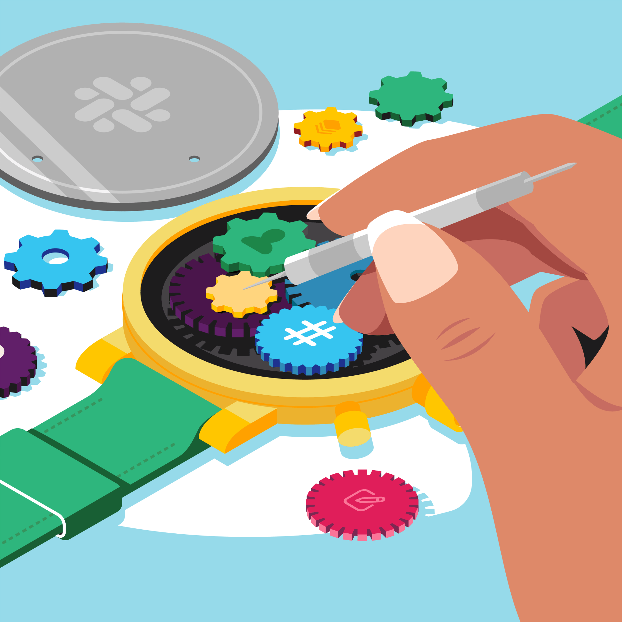 illustration of a hand working on tiny gears in a watch.