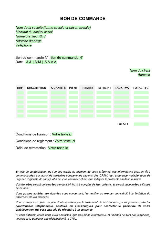 Formulaire bon de commande