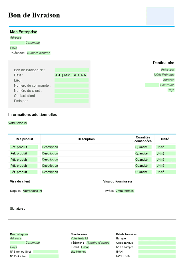 Formulaire bon de livraison