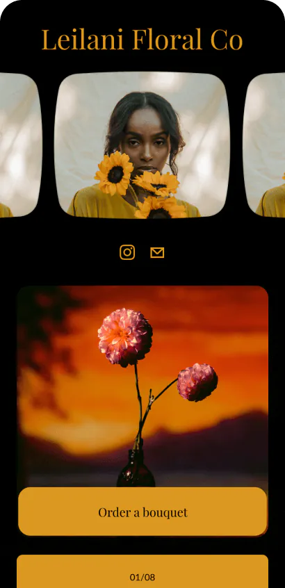 Warm and yellow Bio Site template for a floral design creator.