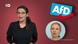 DW presenter in front of a burgundy background. To her right is the blue-and-white logo of the German political party AfD with a red arrow. Below the logo is a circular photo of AfD politician Alice Weidel, shown against a light blue background. DW presenter in front of a burgundy background. To her right is the blue-and-white logo of the German political party AfD with a red arrow. Below the logo is a circular photo of AfD politician Alice Weidel, shown against a light blue background.