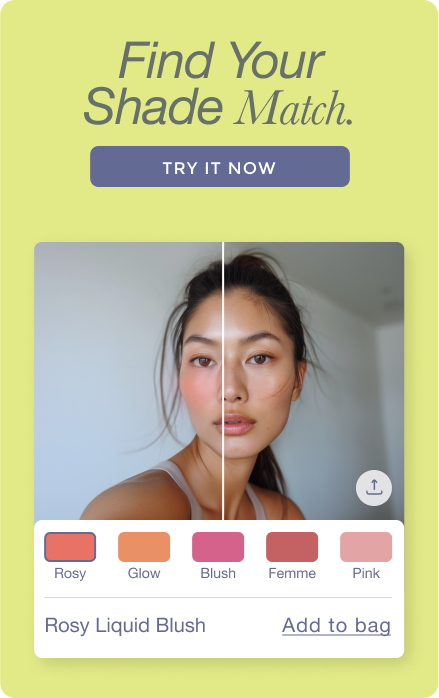 Screenshot of a section of a fictitious cosmetic company’s website named Voerbon.The section shows a product page for "Rosy Liquid Blush" with a "Find Your Shade Match" feature and a "TRY IT NOW" button. Below, various blush shades are shown: Rosy, Glow, Blush, Femme, Pink, with an "Add to bag" option.