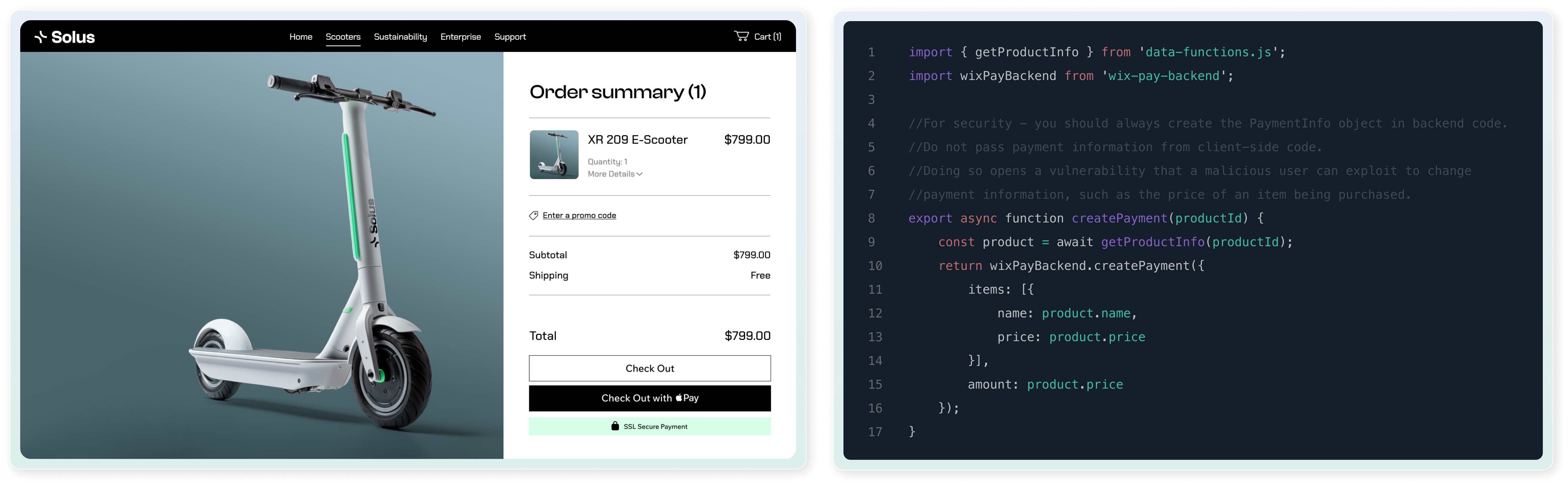 Resumen de un pedido en la etapa de finalización de la compra de un sitio web de e-commerce. El pedido es de un patinete eléctrico blanco y verde. A la derecha se ve un panel con el código en el backend del sitio web relacionado con la seguridad del sitio.