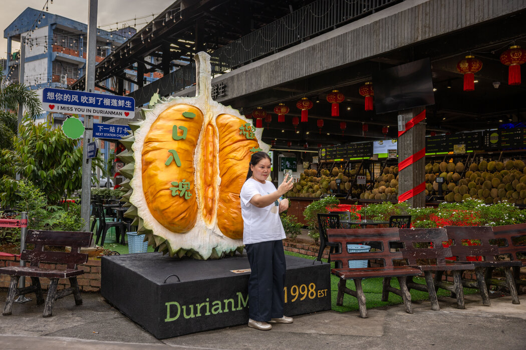 吉隆坡某餐厅外一座巨型榴莲雕塑。