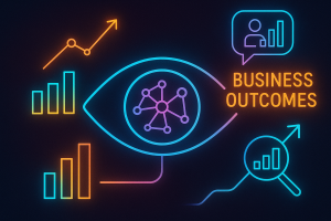 Abstract digital illustration showing an AI-powered eye surrounded by glowing data charts and insights, symbolizing observability transforming visibility into measurable business outcomes.