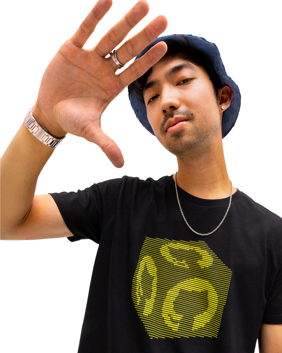 Photo of model wearing the ASCII Cube tee