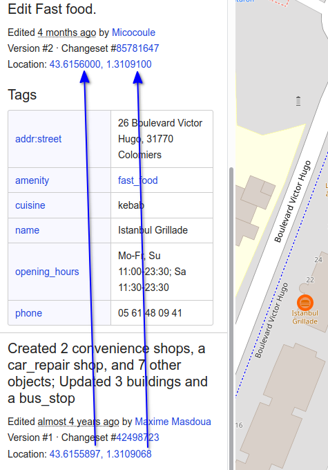 Example of change in history of a node, with version of OsmAnd iOS 3.13