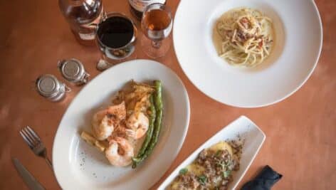 Three plates of Italian food and wine glasses aerial view from dolce Zola.