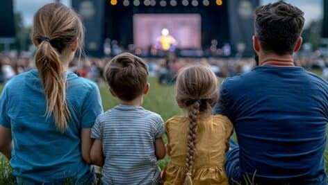 Family sits in grass and watches outdoor movie.
