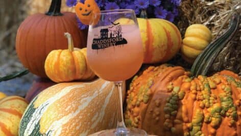 A Halloween-themed wine glass at Chaddsford Winery's Adult Trick or Treat.