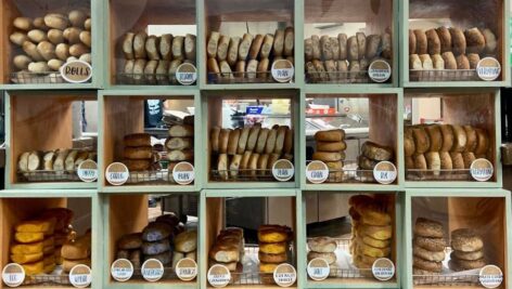 Bagels in cube shelving.
