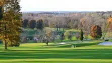 An aerial shot of the golf course and surrounding greenery at Pickering Valley Golf Club.