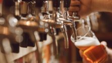 Bartender pours beer from tap.