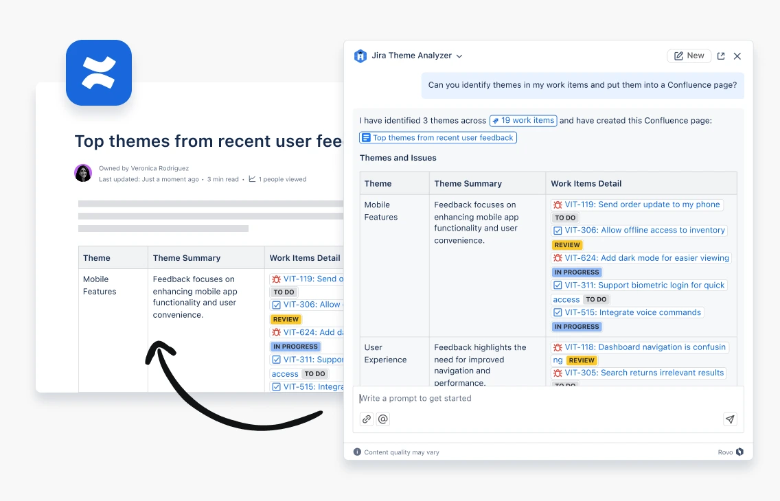 L'IA di Rovo analizza i temi tra i ticket di Jira