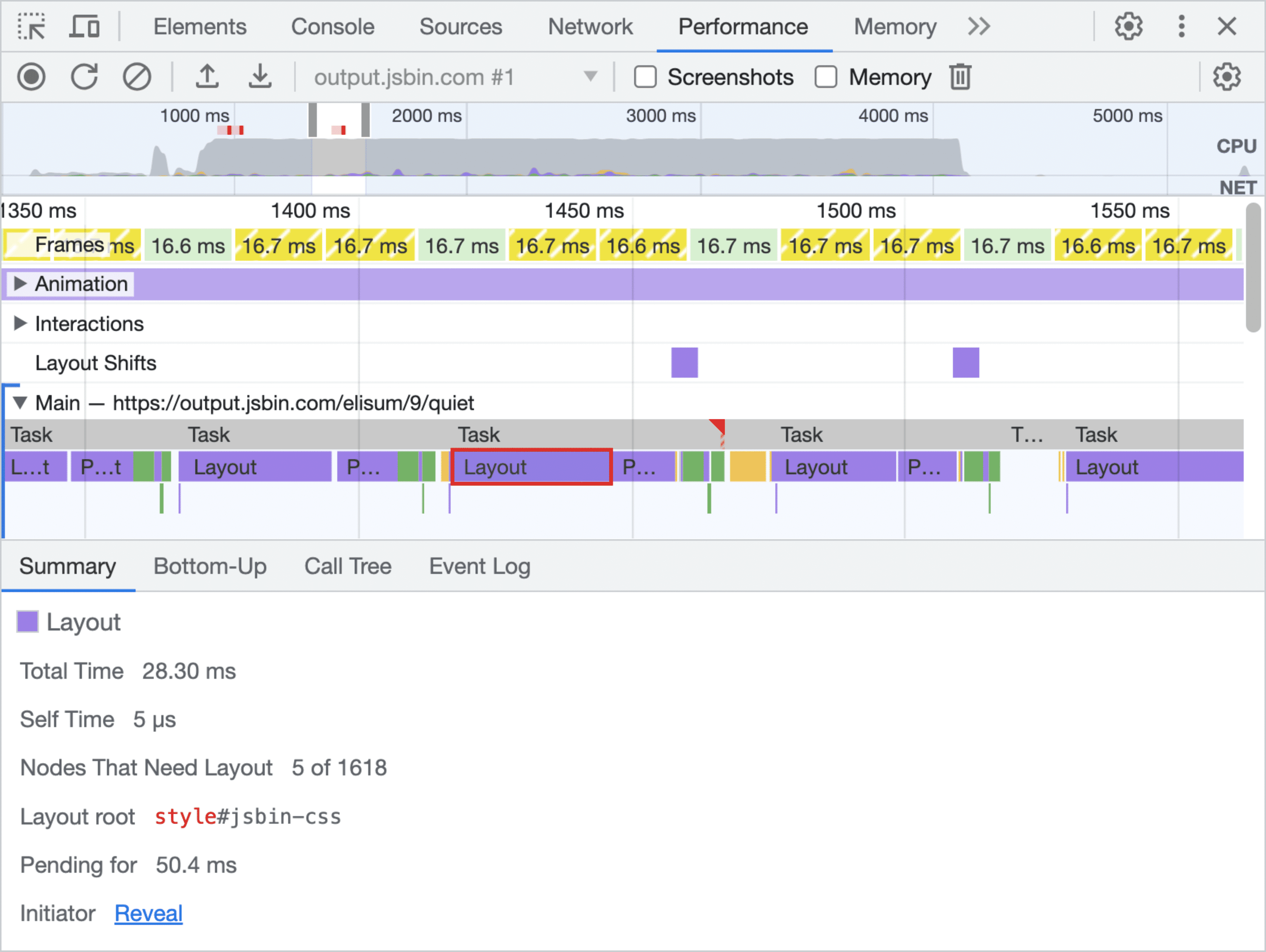 Birden fazla mor düzen bloğunu gösteren DevTools.