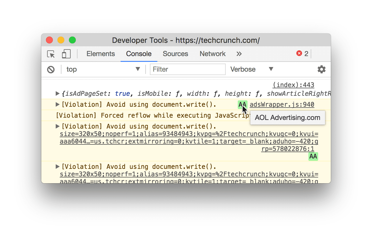 Warnungen in der Entwicklertools-Konsole, die Verstöße bei der Einbettung von Drittanbieterinhalten mit document.write() hervorheben