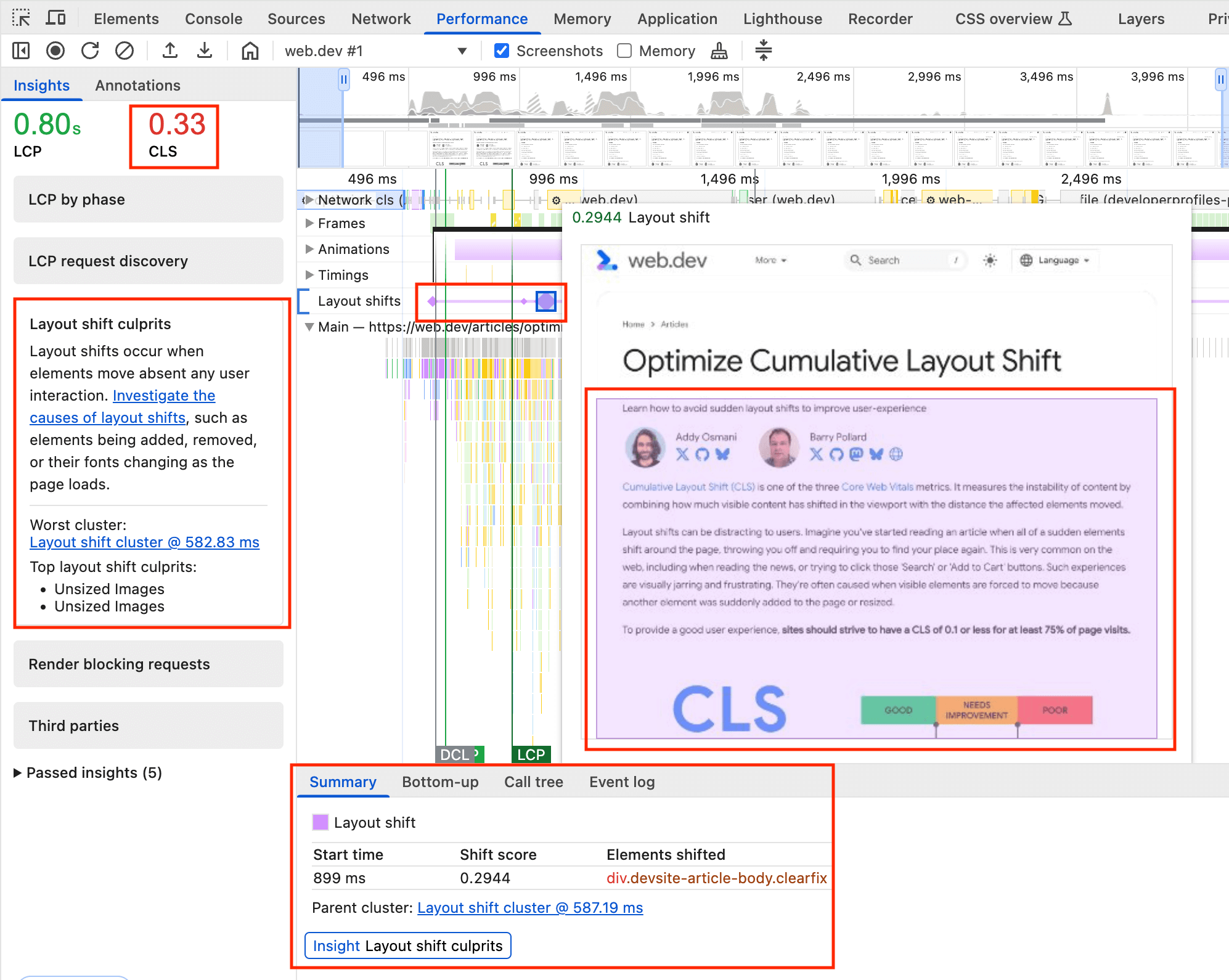 سجلّات Layout Shift معروضة في لوحة الأداء في "أدوات مطوّري البرامج في Chrome"
