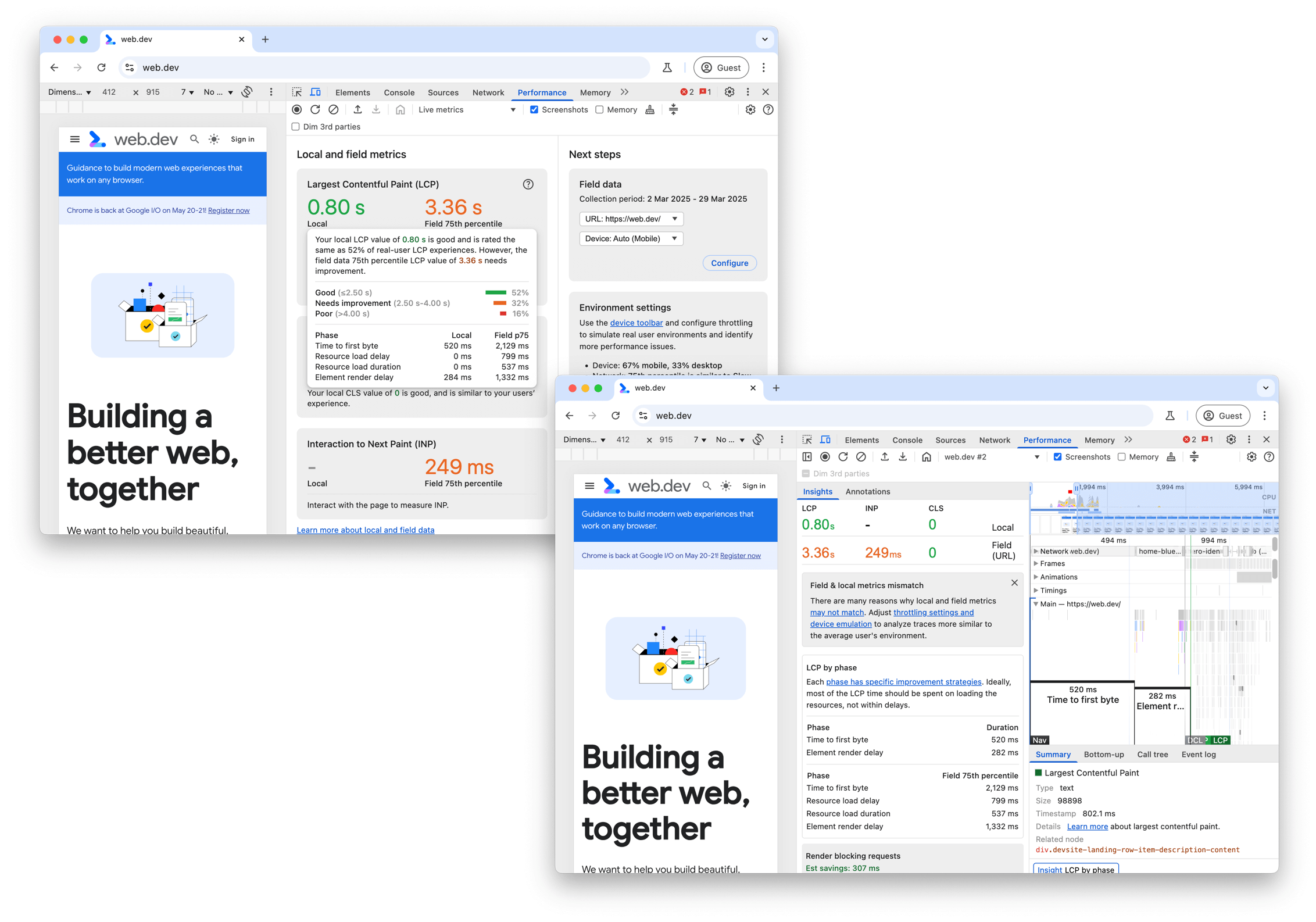 Lokale und feldbezogene LCP im Chrome-Entwicklertools-Bereich „Leistung“