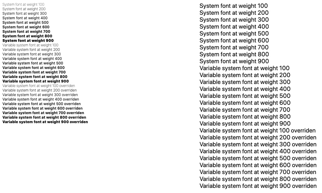 列表中显示 system-ui 及其所有字体粗细和变体。其中有一半没有应用权重差异。