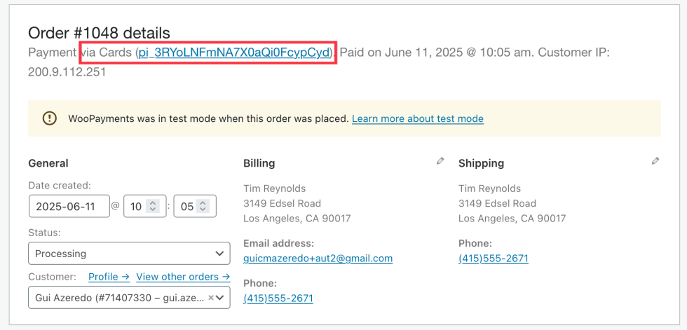 Order details screen showing the payment method and transaction ID