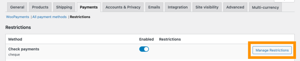 We are highlighting the Manage Restrictions button for a payment method shown in the Restrictions settings.