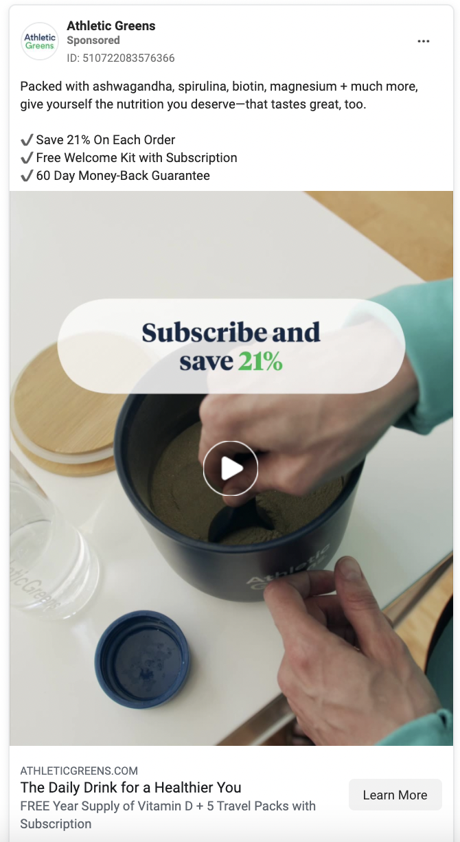 Athletic Greens best Facebook conversion ad examples