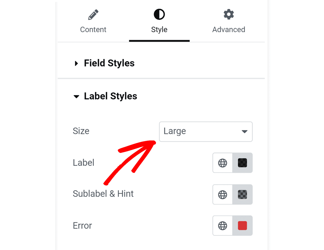 size-option-wpforms-elementor - WPForms Opzione Dimensioni etichetta nella scheda Stile